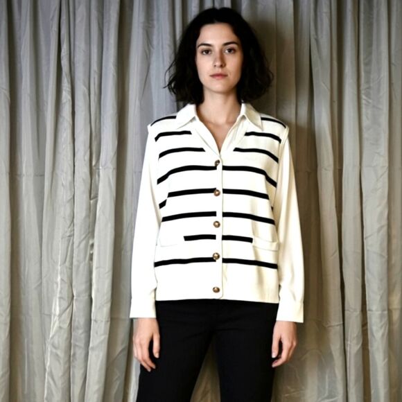 Adrianna Papell Striped Button Front Long Sleeve Preppy Knit Sweater Vest Blouse - Picture 2 of 15